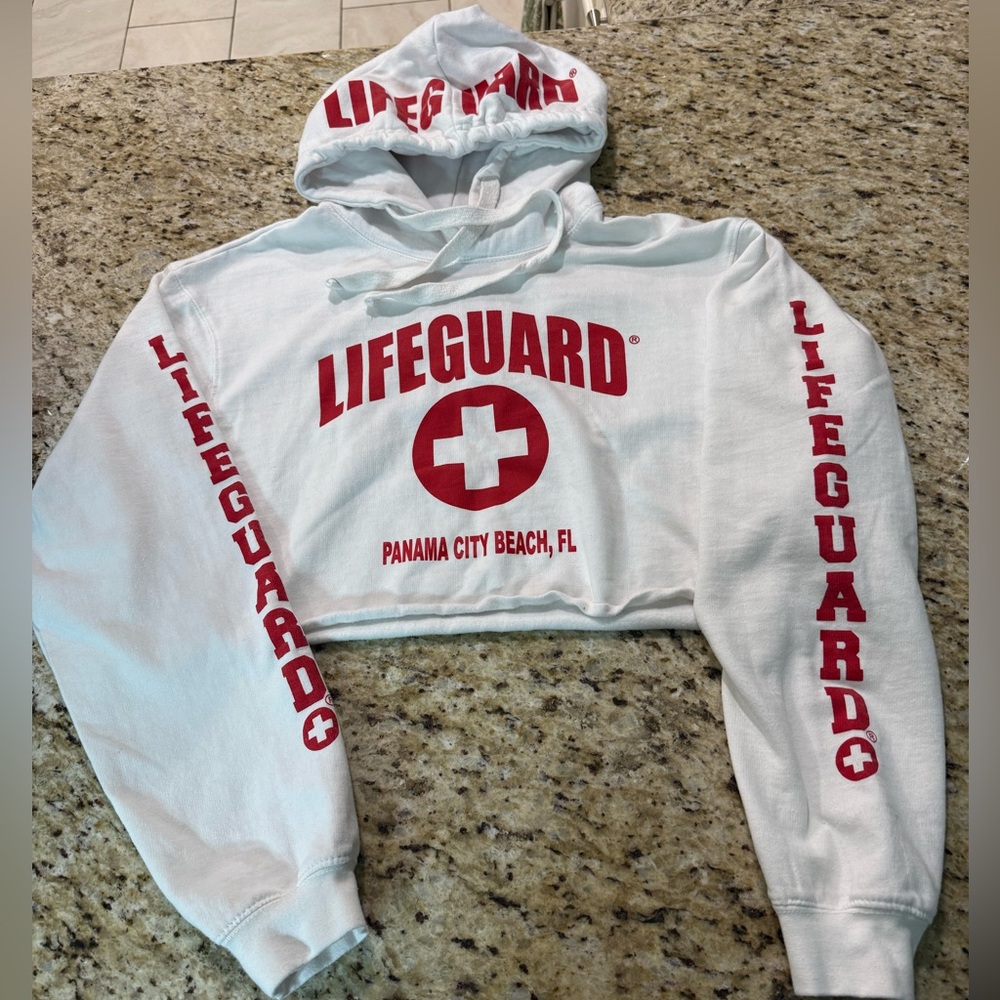 Lifeguard Spellout Sexy Red & White Cropped Sweatshirt Hoodie LS L